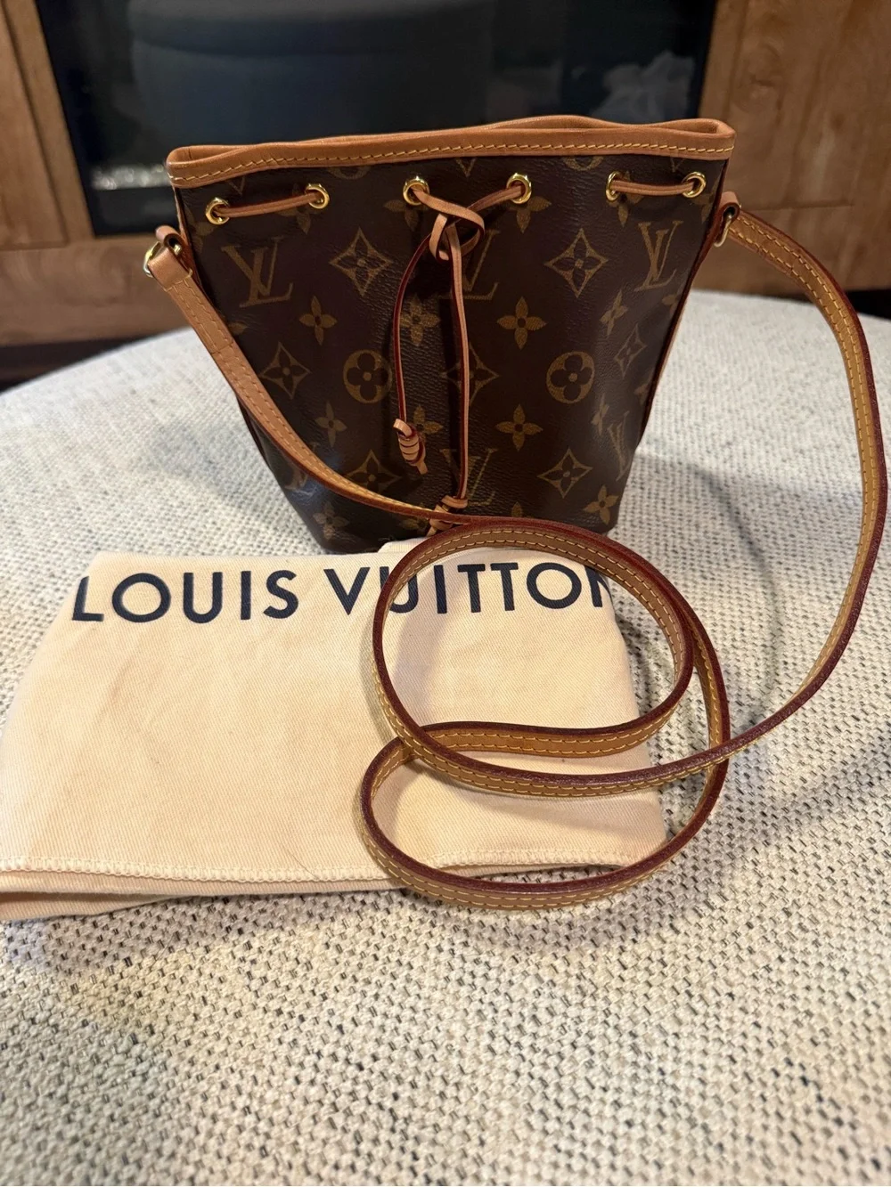 Authentic Louis Vuitton Monogram Nano Noe Crossbody in Brown and Tan
